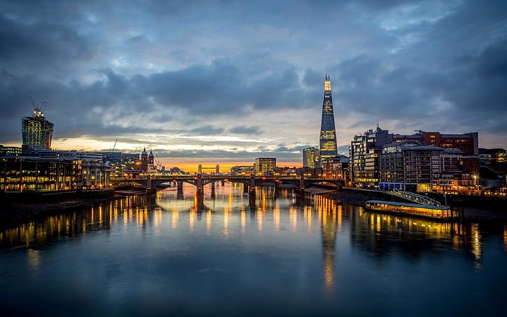 London, England, Southwark Bridge, Thames, skyscraper, lights, evening, London, England, Southwark, Bridge, Thames, Skyscraper, Lights, Evening, HD wallpaper