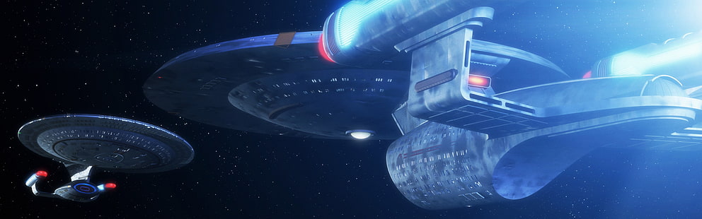 gray and red spaceship illustration, Star Trek, USS Enterprise (spaceship), dual monitors, multiple display, space, HD wallpaper HD wallpaper