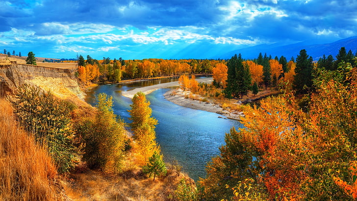 yellow leafed trees, nature, landscape, river, fall, sky, clouds, trees, HD wallpaper