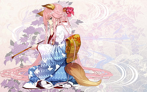 anime, chicas anime, chica zorro, kitsunemimi, personajes originales, kimono, Fondo de pantalla HD HD wallpaper