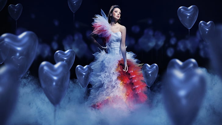 Schönes weißes Kleid Mädchen, Liebesherzballone, Schön, Weiß, Kleid, Mädchen, Liebe, Herzen, Ballone, HD-Hintergrundbild