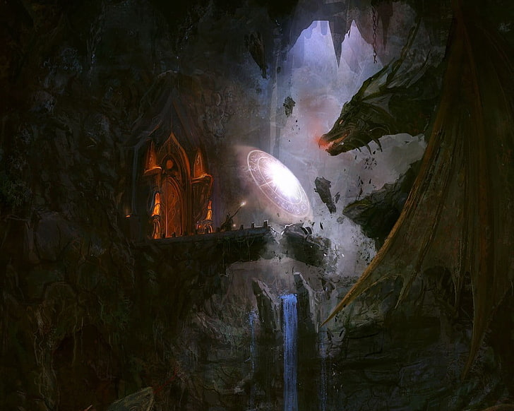 Drachentapete, Drache, Wasserfall, Zauberer, Brücke, Der Herr der Ringe, Fantasiekunst, Gandalf, HD-Hintergrundbild