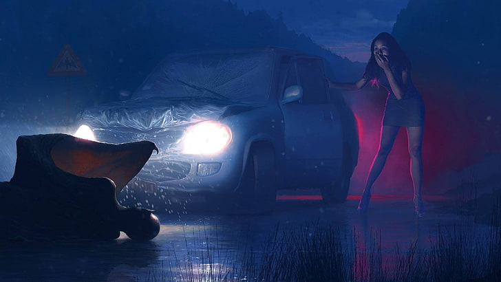 woman beside car shocked because she bumped someone, night, creature, devils, HD wallpaper