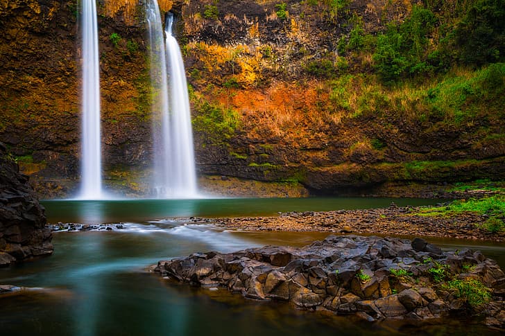 rock, river, Waterfall, Hawaii, The Island Of Kauai, Wailua River, Река Ваилуа, Kauai Island, Wailua Falls, Ваилуа, HD wallpaper