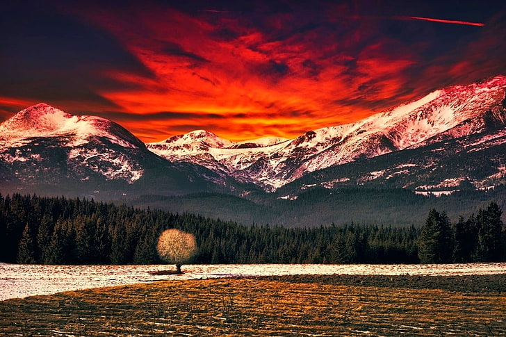 brauner und weißer Schneeberg, Natur, Landschaft, Berge, Wald, Feld, schneebedeckter Gipfel, roter Himmel, Wolken, Bäume, HD-Hintergrundbild