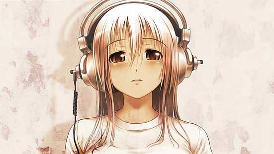 Sonico illustration, Super Sonico, anime, anime girls, headphones, sepia, HD wallpaper HD wallpaper