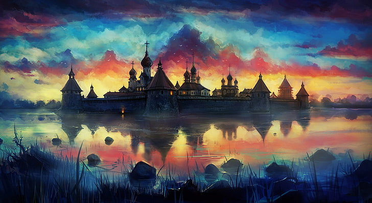 lukisan kastil, menggambar, melukis, biara, langit, Wallpaper HD