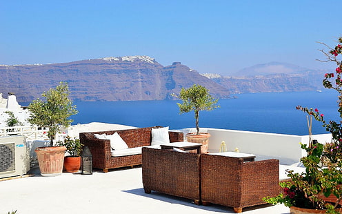 Santorini Island View, white, paradise, greece, view, island, greek, ocean, santorini, warm, holiday, HD wallpaper HD wallpaper