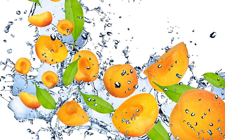 желтые персики, фрукты, абрикос, апельсин, вода, капли, брызги, свежесть, HD обои