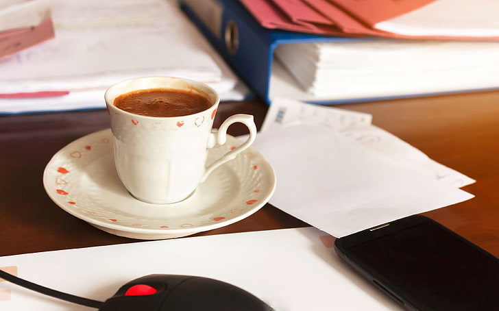 cell phone, coffee, coffee break, computer, files, filter coffee, home office, laptop, mouse, office, paper, sheet, smartphone, table, turkish coffee, white, HD wallpaper