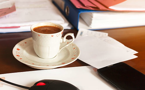 cell phone, coffee, coffee break, computer, files, filter coffee, home office, laptop, mouse, office, paper, sheet, smartphone, table, turkish coffee, white, HD wallpaper HD wallpaper