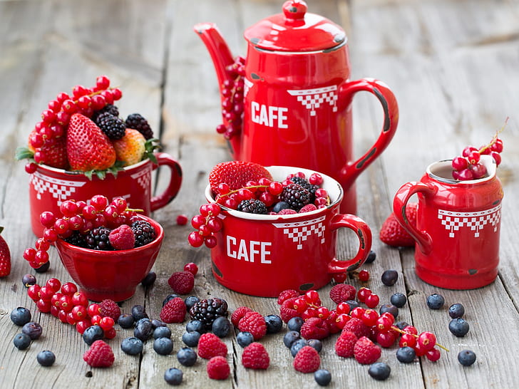Red style, raspberries, blueberries, strawberries, blackberries, red berries, crockery, Red, Style, Raspberries, Blueberries, Strawberries, Blackberries, Berries, Crockery, HD wallpaper