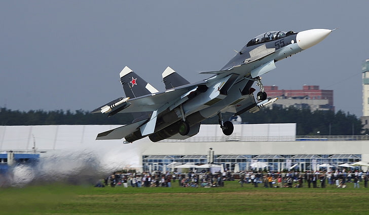 gray and white sukhoi su-37, people, engine, wings, fighter, the rise, chassis, BBC, generation, Russia, Russian, multipurpose, The airfield, Su-30, Dry, Soviet, double, Russian Air Force, takeoff, Sukhoi Su-30, possessing super-maneuverability, Airfield, The first production aircraft in the world, HD wallpaper