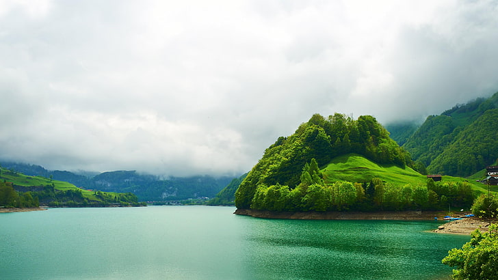 lungern, green, switzerland, water, lake, sky, loch, cloud, mountain, hill, HD wallpaper