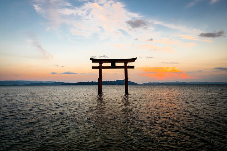 niebo, krajobraz, ocean, brama, Japonia, torii, Tapety HD
