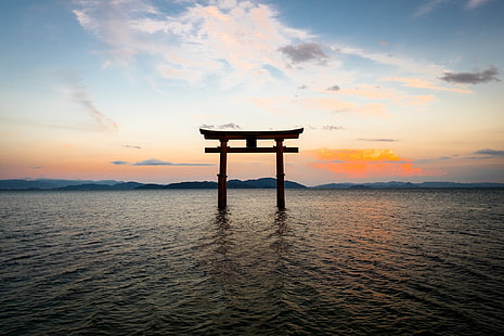 niebo, krajobraz, ocean, brama, Japonia, torii, Tapety HD HD wallpaper