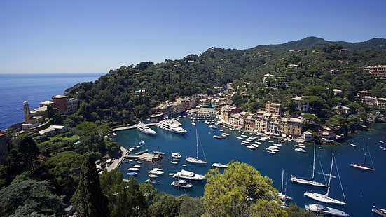 Portofino, Liguria, Italien, hus, båtar, träd, blå havet, Portofino, Liguria, Italien, hus, båtar, träd, blå, hav, HD tapet HD wallpaper