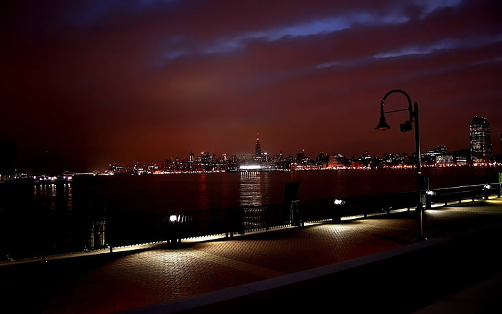 black streetlight, new york, river, buildings, night, HD wallpaper