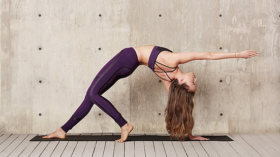 woman doing exercise, yoga, sport, long hair, women, model, barefoot, HD wallpaper HD wallpaper