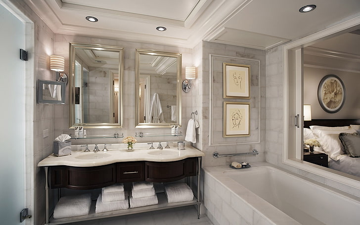 weiße Badewanne und weißes Keramikwaschbecken, Badezimmer, Möbel, Armaturen, Spiegel, HD-Hintergrundbild