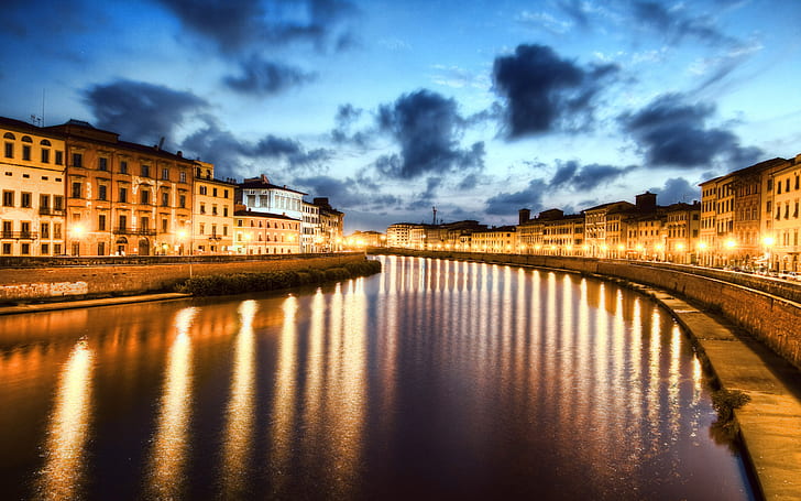 night, Italy, Pisa, River Arno, HD wallpaper