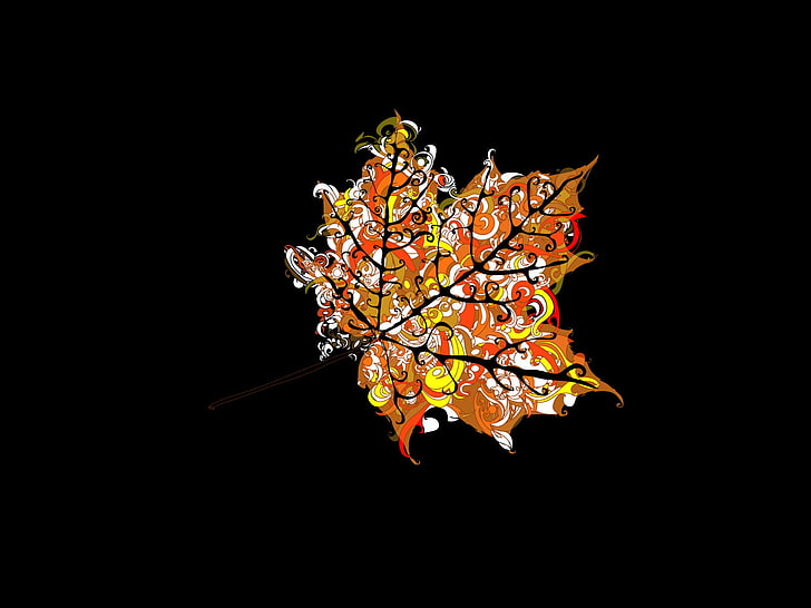 разноцветные иллюстрации кленовый лист, коричневый, красный и желтый кленовый лист с черным фоном, осень, произведения искусства, листья, HD обои