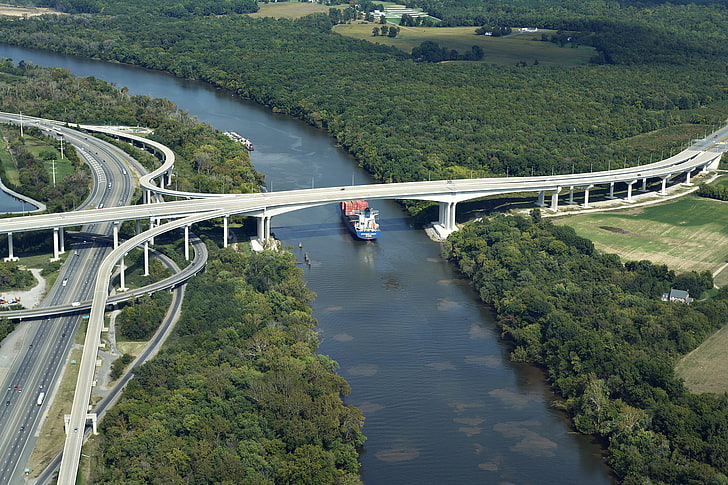 architecture, bridge, trees, forest, river, ship, road, highway, Richmond (City), USA, Virginia, bird's eye view, HD wallpaper