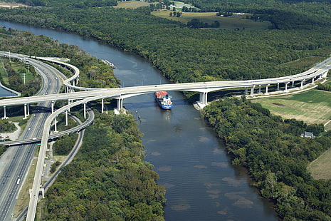 arquitetura, ponte, árvores, floresta, rio, navio, estrada, rodovia, Richmond (cidade), EUA, Virgínia, vista aérea, HD papel de parede HD wallpaper