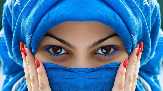 дамска синя забрадка, шал, лице, очи, кафяви очи, маникюр, HD тапет HD wallpaper