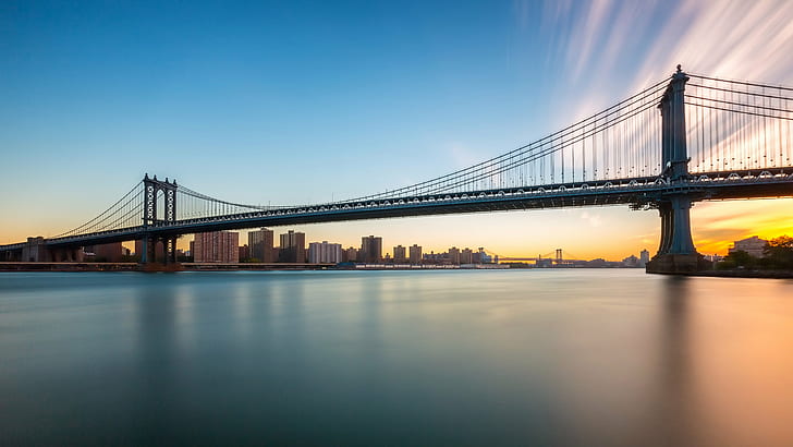 мост над спокойным водоемом на закате, Манхэттенский мост, восход, спокойствие, водоем, закат, долгая выдержка, ист-ривер, нью-йорк, сша, известное место, мост - искусственная структура, манхэттен - нью-йорк, городской пейзаж, городской горизонт, архитектура, бруклин - нью-йорк, городская сцена, город, ночь, центр города, висячий мост, сумерки, небо, HD обои