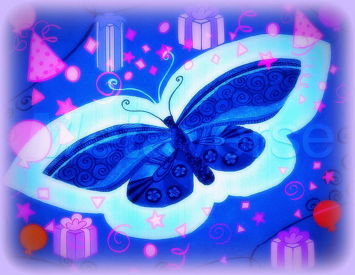 Синя пеперуда Коледа, черна и синя илюстрация на пеперуда, прекрасна, креативно изработена, мекота-красота, рисунки, красива, пеперуда, дигитално изкуство, x-mas, цветна, HD тапет