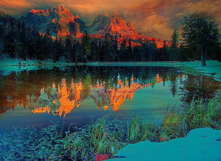 cuerpo de agua, puesta de sol, naturaleza, paisaje, lago, montañas, bosque, reflexión, nieve, nubes, invierno, pico nevado, Fondo de pantalla HD