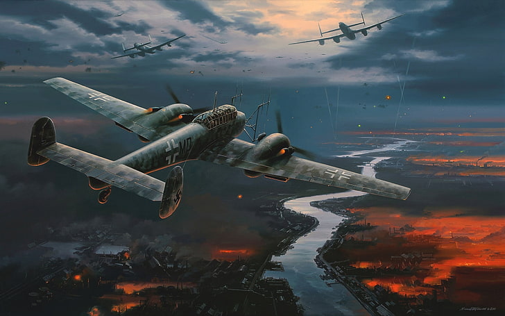 gray aircraft wallpaper, the plane, figure, bomber, the Germans, Luftwaffe, Nicolas Trudgian, Messerschmitt, night fighter, Bf.110, HD wallpaper