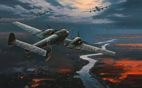 grå flygplan tapet, planet, figur, bombplan, tyskarna, Luftwaffe, Nicolas Trudgian, Messerschmitt, nattfighter, Bf.110, HD tapet HD wallpaper