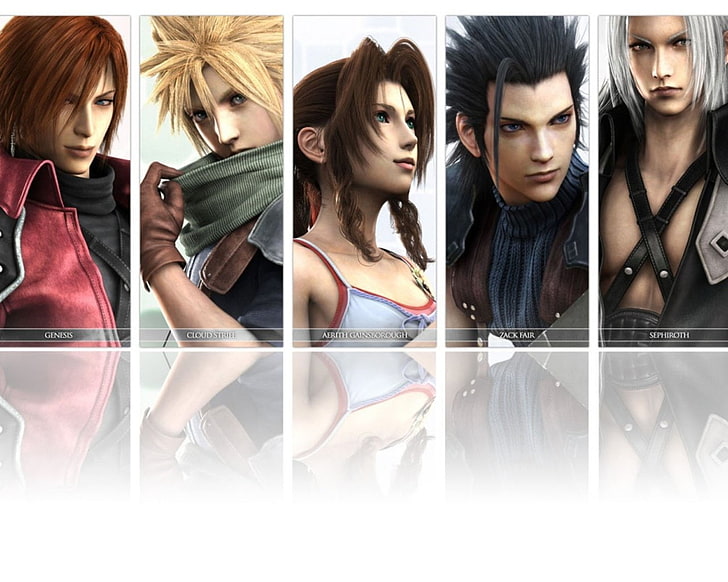 collage de cinco personajes de Final Fantasy, Final Fantasy, Crisis Core: Final Fantasy VII, Aerith Gainsborough, Cloud Strife, Genesis Rhapsodos, Sephiroth (Final Fantasy), Zack Fair, Fondo de pantalla HD