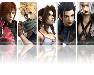 five Final Fantasy characters collage, Final Fantasy, Crisis Core: Final Fantasy VII, Aerith Gainsborough, Cloud Strife, Genesis Rhapsodos, Sephiroth (Final Fantasy), Zack Fair, HD wallpaper HD wallpaper