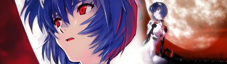 Papel de parede de personagem de anime de cabelos azuis, Ayanami Rei, Neon Genesis Evangelion, Lua, rosto, meninas anime, sentado, olhos vermelhos, cabelo azul, plugsuit, HD papel de parede