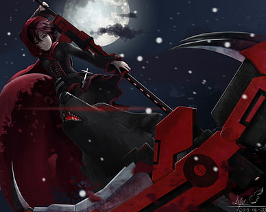Ruby Rose from RWBY, anime girls, anime, RWBY, Ruby Rose (character), weapon, wolf, Crescent Rose, HD wallpaper HD wallpaper
