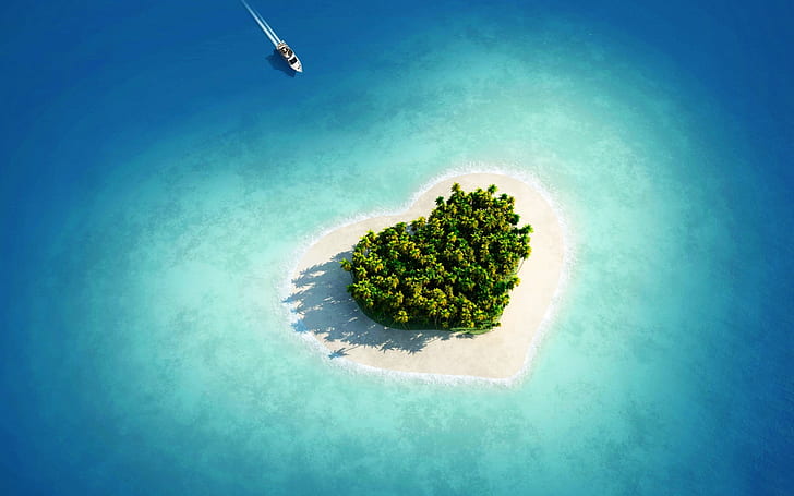 사랑 섬, 녹색 심장 모양 섬, 사랑, 섬, HD 배경 화면