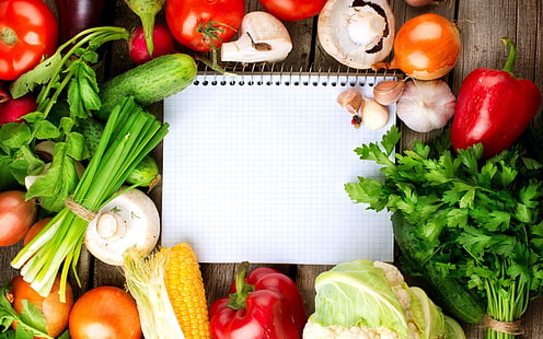 vegetables and notebook, notebook, vegetables, cauliflower, garlic, tomatoes, cucumbers, mushrooms, herbs, corn, red pepper, HD wallpaper HD wallpaper