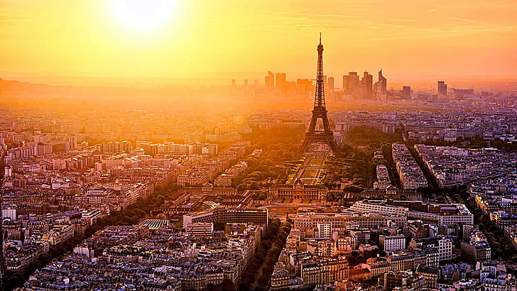 パリ、日の出、都市の景観、塔、エッフェル塔、ヨーロッパ、フランス、 HDデスクトップの壁紙