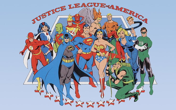DC Comics, Ligue de la justice, Batman, Le Flash, Femme merveilleuse, Flèche verte, Lanterne verte, Aquaman, Canaries noirs, Tornade Rouge, Superman, Fond d'écran HD