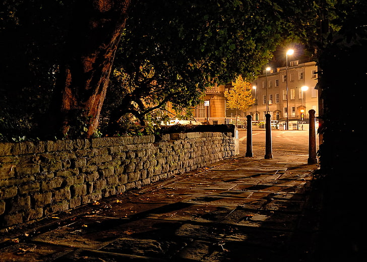 gray concrete wall, night, the city, photo, street, lights, UK, the sidewalk, Clifton Bristol, HD wallpaper