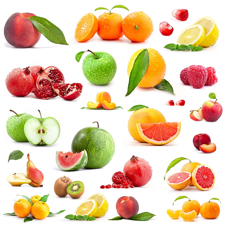 كولاج فواكه متنوعة ، فواكه ، برتقال (فاكهة) ، ليمون ، تفاح ، شمام ، كيوي (فاكهة)، خلفية HD