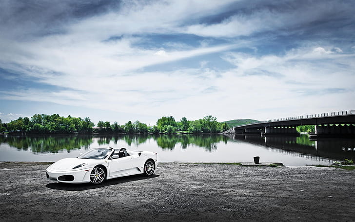 Automobile bianca Ferrari F430, fiume, ponte, coupé convertibile bianco, Ferrari, bianco, automobile, fiume, ponte, Sfondo HD