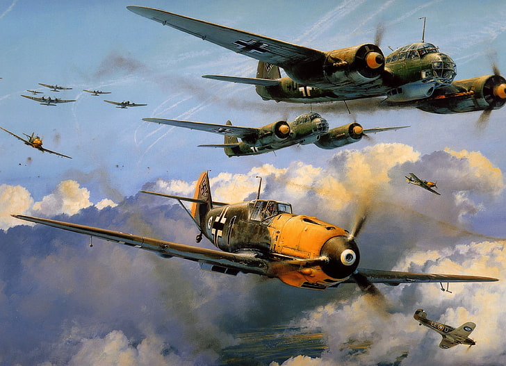 sfondo digitale aereo arancione e grigio, Messerschmitt, Messerschmitt Bf-109, Seconda Guerra Mondiale, Germania, militare, aereo, aereo militare, Luftwaffe, aereo, Sfondo HD