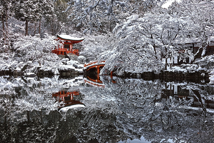 brown pagoda, Japan, winter, pagoda, snow, water, pond, reflection, trees, Asian architecture, architecture, nature, landscape, bridge, HD wallpaper