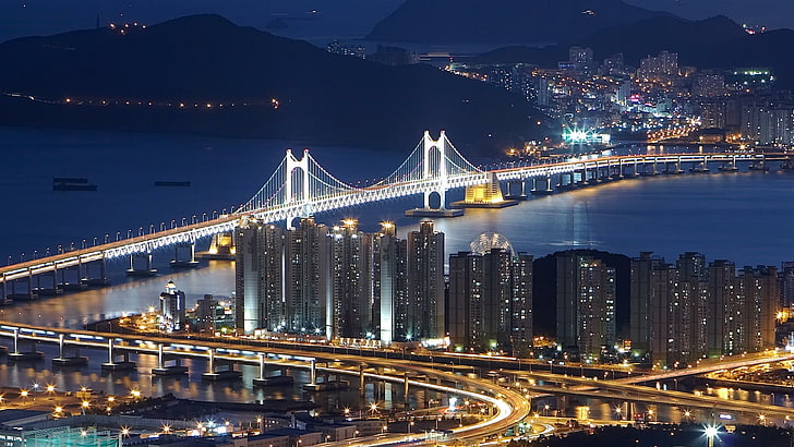 metropolitan area, cityscape, city, bridge, night, landmark, metropolis, sky, water, city lights, skyline, evening, gwangan bridge, seoul, south korea, HD wallpaper