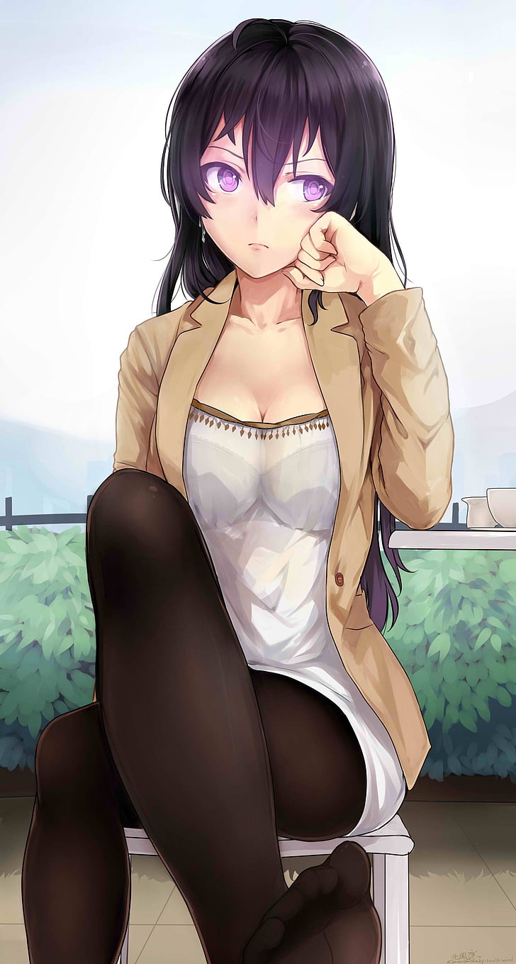 Anime, Anime Girls, Miyaura Sanshio, lange Haare, schwarze Haare, lila Augen, offenes Hemd, Strümpfe, HD-Hintergrundbild, Handy-Hintergrundbild