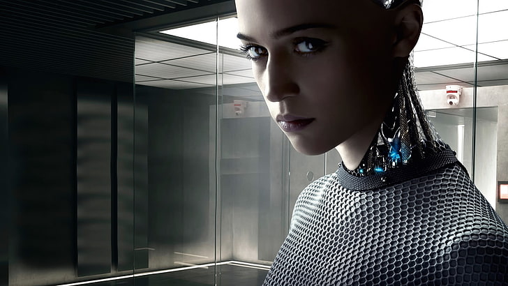 cyborg, androides, mujeres, Alicia Vikander, actriz, Ex Machina, películas, ciencia ficción, inteligencia artificial, arte digital, CGI, mirando al espectador, Gynoid, AI, Fondo de pantalla HD